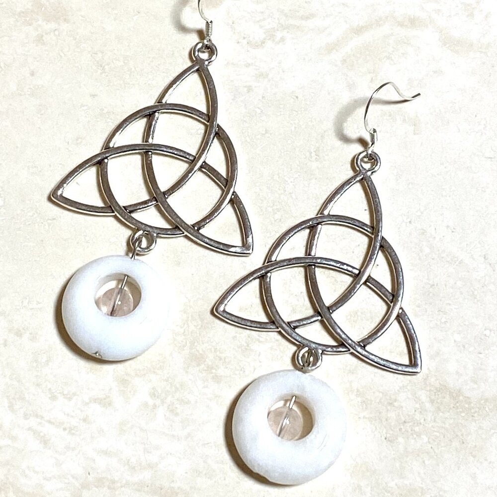 2/$20, Genuine White Milky Quartz Celtic Trinity Sterling Silver Hook Earrings